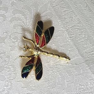 Vintage Multi-Colored Dragon Fly with Clear Rhinestones Gold Color Brooch Pin